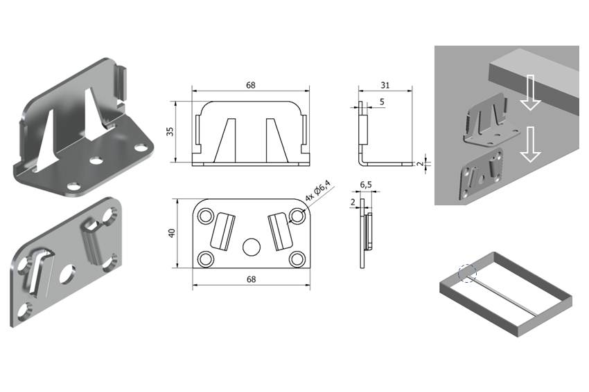Technical drawing of bed center beam connector